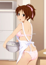Rule 34 | 1girl, :o, apron, ass, back, bare shoulders, bowl, bra, breasts, brown eyes, brown hair, dimples of venus, flat ass, from behind, hair ribbon, hair up, hirasawa ui, holding, k-on!, looking at viewer, looking back, nearly naked apron, open mouth, panties, pink bra, pink panties, ribbon, round teeth, shian (my lonly life.), short hair, side-tie panties, sideboob, smile, solo, table, teeth, underwear, whisk