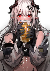 Rule 34 | 1girl, alcohol, arknights, bare shoulders, beer, beer mug, black gloves, black sports bra, blush, bodysuit, covered mouth, cup, demon horns, ear piercing, gloves, grey hair, hair ornament, holding, holding cup, horns, long hair, long sleeves, looking at viewer, material growth, mudrock (arknights), mug, navel, open bodysuit, open clothes, oripathy lesion (arknights), piercing, red eyes, shinonome nemu (nemulog sn), simple background, solo, sports bra, straight-on, upper body, white background, white bodysuit