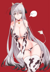 Rule 34 | 1girl, animal print, bare shoulders, bell, bikini, black hair, borrowed character, breasts, cleavage, collar, collarbone, cow horns, cow print, cow print bikini, cow tail, elbow gloves, fake horns, gloves, grey eyes, grey hair, groin, hair between eyes, hairband, highres, horns, kinona, large breasts, long hair, multicolored hair, neck bell, original, print bikini, print gloves, print thighhighs, red background, red collar, side-tie bikini bottom, simple background, solo, swimsuit, tail, thighhighs, translation request, two-tone hair, very long hair, white bikini, white gloves, white hairband, white thighhighs, zoya petrovna vecheslova