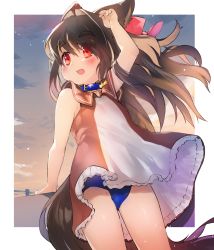 Rule 34 | 1girl, animal ears, arm up, blue one-piece swimsuit, blush, brown dress, brown hair, cloud, collar, dog ears, dog girl, dog tail, dress, fang, hair intakes, highres, kannagi cocoa, long hair, one-piece swimsuit, open mouth, original, red eyes, ribbon, school swimsuit, short dress, sky, sleeveless, sleeveless dress, smile, solo, swimsuit, swimsuit under clothes, tail, thighs, toba hiyoko, two-tone dress, white dress, wind, wind lift