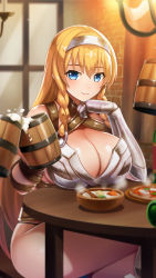 Rule 34 | 1girl, alcohol, armor, armored boots, beer, beer mug, bikini armor, blonde hair, blue eyes, boots, bowl, braid, breast rest, breasts, breasts on table, cleavage, closed mouth, crossed legs, cup, food, gauntlets, hairband, head rest, highres, holding, indoors, large breasts, leina (queen&#039;s blade), leina (queen&#039;s blade unlimited), long hair, looking at viewer, mug, official art, on chair, pelvic curtain, queen&#039;s blade, queen&#039;s blade unlimited, queen&#039;s blade white triangle, side braid, sitting, smile, soup, table, twin braids, window