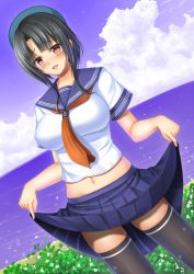 Rule 34 | 10s, 1girl, alternate costume, bad id, bad pixiv id, beret, black hair, black thighhighs, blue sky, blush, bow, breasts, clothes lift, cloud, day, dutch angle, flower, hat, kantai collection, large breasts, looking at viewer, midriff, navel, neckerchief, ocean, open mouth, pleated skirt, red eyes, school uniform, serafuku, shibata rai, short hair, skirt, skirt lift, sky, solo, sweatdrop, takao (kancolle), thighhighs