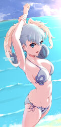 Rule 34 | 1girl, alternate costume, arms up, beach, bikini, blue eyes, breasts, cropped legs, curly hair, dated, day, from side, grey hair, head wings, highres, lens flare, looking at viewer, medium breasts, medium hair, melia antiqua, mercury xeno, navel, ocean, open mouth, outdoors, side-tie bikini bottom, signature, solo, stretching, swimsuit, waves, wings, xenoblade chronicles (series), xenoblade chronicles 1