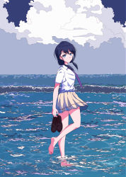 Rule 34 | 1girl, 5 rebbeccas, absurdres, alternate eye color, barefoot, black hair, blue eyes, brown footwear, cloud, cloudy sky, collared shirt, commentary request, day, full body, highres, holding, holding shoes, leg up, loafers, long hair, looking at viewer, low twintails, miniskirt, necktie, ocean, outdoors, parted lips, pleated skirt, purple necktie, school uniform, shirt, shirt tucked in, shoes, short sleeves, skirt, sky, solo, standing, standing on one leg, tamura yuri, toes, twintails, wading, watashi ga motenai no wa dou kangaetemo omaera ga warui!, water, water drop, white shirt, wind, yellow skirt