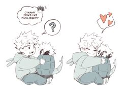 Rule 34 | 2boys, 5mll3, ?, animal hood, bakugou katsuki, blush, boku no hero academia, child, closed eyes, closed mouth, commentary, dynamy (boku no hero academia), english commentary, english text, freckles, full body, heart, hood, hood down, hoodie, if they mated, long sleeves, looking at another, male focus, midoriya izuku, multiple boys, open mouth, pants, short hair, simple background, sitting, smile, spiked hair, spoken heart, spoken question mark, white background