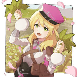 Rule 34 | 1girl, :d, absurdres, alice (rune factory), blonde hair, blush, border, breasts, collared shirt, commentary request, farm, food, green eyes, hands up, hat, highres, holding, holding food, holding vegetable, ida misoka, long hair, long sleeves, looking at viewer, medium breasts, open mouth, outdoors, peaked cap, pouch, red hat, rune factory, rune factory 5, shirt, smile, solo, standing, turnip, vegetable, white border, white shirt