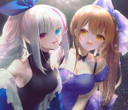 Rule 34 | 2girls, black dress, blue dress, blue eyes, bow, bowtie, breasts, brown eyes, brown hair, cleavage, cross, cross earrings, dress, earrings, girls&#039; frontline, hair bow, hair ornament, hair ribbon, heterochromia, jewelry, k2 (before dawn) (girls&#039; frontline), k2 (girls&#039; frontline), long hair, looking at viewer, mdr (cocktail observer) (girls&#039; frontline), mdr (girls&#039; frontline), medium breasts, multicolored hair, multiple girls, official alternate costume, open mouth, ponytail, purple eyes, ribbon, silver hair, snowflakes, tongue, tongue out, urano ura