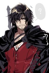 Rule 34 | 1boy, absurdres, beard stubble, black cape, black hair, blue eyes, cape, chinstrap beard, clive rosfield, eoelcvli7b1pwl7, facial hair, facial tattoo, final fantasy, final fantasy xvi, highres, leather vest, red shirt, scar, shirt, stubble, tattoo, teardrop earring, weapon, weapon on back