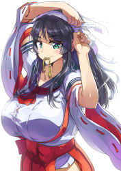 Rule 34 | &gt;:), 1girl, aqua eyes, arms up, black hair, blue sailor collar, blush, breasts, closed mouth, hairband, hakama, hakama skirt, hip vent, japanese clothes, kimono, large breasts, long hair, long sleeves, looking at viewer, miko, mouth hold, neckerchief, open clothes, open kimono, original, parted bangs, red hakama, red neckerchief, ribbon-trimmed sleeves, ribbon trim, sailor collar, school uniform, serafuku, shirt, sidelocks, simple background, skirt, solo, tashiromotoi, thick eyebrows, upper body, v-shaped eyebrows, white background, white hairband, white kimono, white shirt, wide sleeves