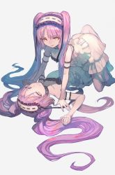 Rule 34 | 2girls, all fours, arm garter, breasts, commentary, detached collar, dress, english commentary, euryale (fate), fate/hollow ataraxia, fate (series), frilled dress, frilled hairband, frills, grey background, hair spread out, hairband, highres, lack, long hair, looking at viewer, lying, multiple girls, on back, pink hair, siblings, simple background, sisters, small breasts, smile, stheno (fate), twins, twintails, very long hair, white dress, yellow eyes