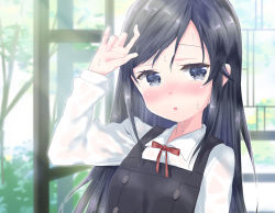 Rule 34 | 1girl, :o, arm up, asashio (kancolle), asashio kai ni (kancolle), bad hands, black dress, black hair, blue eyes, blurry, blurry background, blush, bow, collared shirt, commentary request, depth of field, dress, k hiro, kantai collection, long hair, long sleeves, looking at viewer, nose blush, parted lips, pinafore dress, red bow, shirt, sleeveless, sleeveless dress, solo, sweat, swept bangs, upper body, very long hair, white shirt