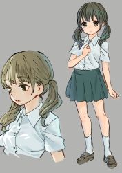 Rule 34 | 1girl, ama-tou, brown eyes, brown hair, buttons, character sheet, clenched hand, collar, collared shirt, expressionless, from side, full body, grey background, hand on own chest, lips, loafers, looking at viewer, looking away, low twintails, multiple views, original, pink lips, portrait, shirt, shoes, short sleeves, short twintails, simple background, sketch, skirt, socks, standing, tareme, twintails, upper body