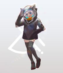 Rule 34 | 1girl, :d, animal ears, arm up, black thighhighs, blue eyes, full body, grey background, hand in pocket, hood, hoodie, knees together feet apart, looking at viewer, mephilas seijin, open mouth, shin ultraman, shiroi karasu, short hair, simple background, smile, solo, thighhighs, white hair