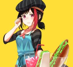 Rule 34 | 1girl, alternate hairstyle, apron, bang dream!, beret, black hair, black hat, black shirt, blue apron, blue ribbon, blush, commentary request, cup, drinking glass, drinking straw, food, hat, hat belt, hot dog, mitake ran, multicolored hair, ponytail, purple eyes, red hair, red neckwear, ribbon, sandwich, scratching head, shirt, short ponytail, short sleeves, sidelocks, simple background, single strap, solo, streaked hair, striped clothes, striped headwear, striped neckwear, striped shirt, tray, tsukiman, waitress, wavy mouth, yellow background