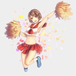 Rule 34 | 1girl, absurdres, armpits, bare shoulders, blue footwear, breasts, cheering, cheerleader, collarbone, full body, grey background, hair between eyes, highres, jumping, looking at viewer, meiko (vocaloid), navel, open mouth, outstretched arm, pom pom (cheerleading), red eyes, red hair, red skirt, shoes, skirt, sneakers, solo, vocaloid, white legwear, yen-mi