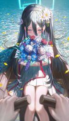 Rule 34 | 1girl, absurdly long hair, aris (blue archive), black hair, blue archive, blue eyes, boat, bouquet, flower, hair flower, hair ornament, hairband, halo, highres, holding, holding bouquet, long hair, one side up, pov, pov hands, school uniform, shirt, sitting, smile, solo, very long hair, wakum, water, watercraft, white shirt