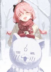 Rule 34 | 1girl, 35p (sakura miko), :d, absurdres, ahoge, animal hat, beret, blush, breath, cardigan, cat hat, character snowman, closed eyes, ecli xx, hair ornament, hairclip, hat, highres, hololive, long hair, low twintails, mittens, official alternate hair length, official alternate hairstyle, open mouth, outdoors, pink hair, red mittens, red scarf, sakura miko, sakura miko (casual), scarf, smile, snow, snowing, snowman, solo, twintails, virtual youtuber, winter, yellow cardigan