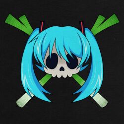 Rule 34 | black background, blue hair, commentary, cryptidhermit, english commentary, hatsune miku, long hair, no humans, simple background, skull, skull and crossbones, spring onion, twintails, vocaloid