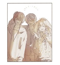 Rule 34 | +++, 1girl, 2boys, :d, aoyagi touya, border, brother and sister, cable knit, collarbone, collared shirt, dress shirt, facing viewer, grin, hand on another&#039;s head, hand up, highres, hood, hood down, hoodie, jewelry, laughing, leaning to the side, light blush, light smile, lineup, mokux (mo ku), multicolored hair, multiple boys, necklace, open mouth, parted lips, project sekai, raised eyebrow, sepia, shirt, siblings, sidelighting, sidelocks, simple background, smile, split-color hair, sweater, tenma saki, tenma tsukasa, twintails, two-tone hair, wavy hair, white background, white border