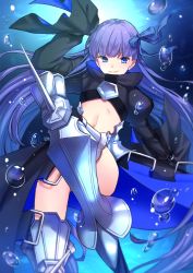Rule 34 | 1girl, air bubble, arm up, black jacket, blue eyes, blue ribbon, bubble, closed mouth, commentary request, day, fate/extra, fate/extra ccc, fate (series), hair ribbon, highres, jacket, juliet sleeves, long hair, long sleeves, meltryllis (fate), niu illuminator, outdoors, puffy sleeves, purple hair, ribbon, sleeves past fingers, sleeves past wrists, smile, solo, spikes, underwater, very long hair, water