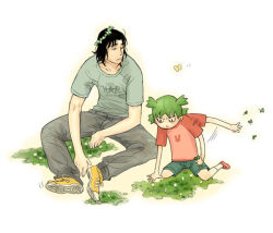 Rule 34 | 1boy, 1girl, black hair, bored, bug, butterfly, clover, father and daughter, full body, green hair, head wreath, insect, koiwai yotsuba, looking at another, mr. koiwai, on grass, print shirt, renton (guero), shirt, simple background, sitting, white background, yotsubato!