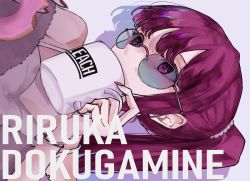 Rule 34 | 1girl, alternate hairstyle, artist request, bare shoulders, bleach, breasts, character name, cleavage, collarbone, cup, dokugamine riruka, fingernails, glasses, highres, holding, holding cup, jewelry, lips, long hair, looking away, looking to the side, pink hair, ponytail, shiny skin, simple background, upper body