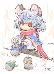 Rule 34 | 1girl, animal, animal ears, blue capelet, capelet, clothed animal, commentary request, dressing another, grey hair, highres, jewelry, mouse (animal), mouse ears, mouse girl, mouse tail, nazrin, pendant, red eyes, scarf, signature, tail, touhou, winter clothes, yamasina009