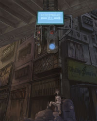 Rule 34 | 1girl, bridge, cityscape, cyberpunk, ghost in the shell, ikeda (cpt), kusanagi motoko, mecha, outdoors, purple hair, road, robot, scenery, science fiction, sign, street, tachikoma, traffic light