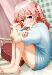 Rule 34 | 1girl, absurdres, barefoot, bed, bedroom, blush, crossed arms, crossed bangs, cushion, food-themed hair ornament, frown, hair between eyes, hair ornament, heart, highres, indoors, inui sajuna, knees up, long hair, looking at viewer, on bed, pink eyes, pink hair, shirt, short sleeves, sitting, solo, sono bisque doll wa koi wo suru, strawberry hair ornament, thighs, toes, two side up, white shirt, yachiyo naga