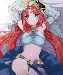 Rule 34 | 1girl, absurdres, armpits, arms up, bare shoulders, bed sheet, blue eyes, blue shirt, blue skirt, breasts, crop top, dancer, detached sleeves, genshin impact, highres, horns, ji yue, knee up, long hair, long sleeves, looking at viewer, lying, medium breasts, midriff, navel, nilou (genshin impact), on back, parted lips, red hair, shirt, side slit, skirt, sleeveless, sleeveless shirt, solo, stomach, thighs, veil, very long hair
