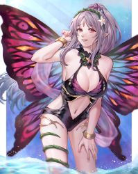 Rule 34 | 1girl, adjusting hair, ai tkkm, bare arms, bare legs, black one-piece swimsuit, bracelet, breasts, cleavage, clothing cutout, fairy, fairy wings, female focus, fire emblem, fire emblem heroes, flower, grey hair, grin, hair flower, hair ornament, highres, jewelry, large breasts, long hair, looking at viewer, navel, navel cutout, nintendo, official alternate costume, one-piece swimsuit, parted lips, plumeria (fire emblem), pointy ears, ponytail, red eyes, smile, solo, swimsuit, thorns, very long hair, vine, wading, water, wings
