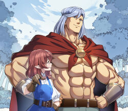 Rule 34 | 1boy, 1girl, belt, blue eyes, blue hair, cape, gloves, hand on own hip, helck, helck (character), long hair, looking at another, muscular, muscular male, no shirt, nyoro (nyoronyoro000), open mouth, pointy ears, red hair, vermilio (helck), yellow eyes