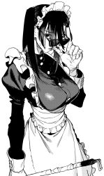 Rule 34 | 1girl, apron, biting, breasts, finger biting, gloves, greyscale, highres, holding, long hair, looking at viewer, maid, maid apron, maid headdress, monochrome, original, simple background, solo, sunglasses, sweatdrop, twintails, white background, yuioni