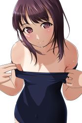 Rule 34 | 1girl, bare shoulders, clothes pull, covered navel, highres, long hair, looking at viewer, maroon eyes, maroon hair, matsunaga kouyou, off shoulder, one-piece swimsuit, one-piece swimsuit pull, original, school swimsuit, simple background, solo, swimsuit, tan, tanline, upper body