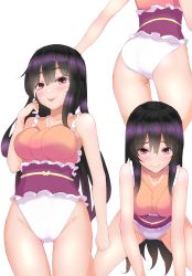 Rule 34 | 1girl, ass, black hair, closed mouth, commission, highres, houraisan kaguya, long hair, looking at viewer, multiple views, pink eyes, pixiv commission, simple background, singlet, smile, tongue, tongue out, touhou, touhou tag dream, white background, wrestling outfit, xialuluo (sharuro)