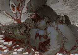 Rule 34 | 2girls, abs, biting, blonde hair, blood, blood on face, blood on hands, breasts, claws, corpse, dark-skinned female, dark skin, death, eating, extra arms, faputa, fewer digits, green eyes, grey hair, guro, highres, holding organ, intestines, long hair, looking at viewer, lying, made in abyss, medium breasts, medium hair, monster, monster girl, mouth hold, multiple girls, nakikabane, nipples, nude, on back, one-eyed, organs, pale skin, parted lips, red eyes, riko-m, riko (made in abyss), sideways glance, sitting, teeth, third eye, toned, white fur, wide-eyed, yellow eyes