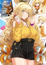 Rule 34 | 1girl, :d, ;), ^ ^, alternate hair length, alternate hairstyle, arms up, bag, between breasts, black skirt, blonde hair, blush, breasts, casual, character name, closed eyes, commentary, cowboy shot, crepe, day, eating, flower, food, girls&#039; frontline, green eyes, grin, hair between eyes, hair ornament, hair scrunchie, hairband, hews, high-waist skirt, highres, holding, holding food, italian flag, italian flag neckwear, italy, jewelry, leaning tower of pisa, long hair, looking at viewer, messy hair, multiple views, nail polish, one eye closed, open mouth, orange scrunchie, pencil skirt, photo (object), pizza, plant, potted plant, ring, s.a.t.8 (girls&#039; frontline), scrunchie, shirt, short hair, shoulder bag, sidelocks, skirt, smile, storefront, strap between breasts, sweater, twitter username, very long hair, watch, wedding band, white shirt, wristwatch, yellow flower, yellow hairband, yellow sweater