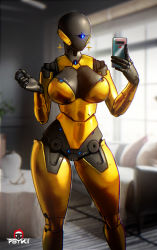Rule 34 | 1girl, android, artist logo, breasts, commentary, couch, earrings, english commentary, gold, highres, humanoid robot, indoors, jewelry, joints, large breasts, no humans, one-eyed, original, phone, plant, potted plant, psyk323, robot, robot joints, selfie, solo, uncensored, vase