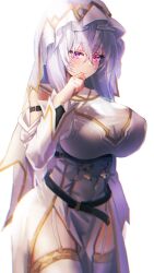 Rule 34 | 1girl, arm belt, bare shoulders, belt, breasts, covered erect nipples, covered navel, cowboy shot, dano, detached sleeves, dress, garter straps, hair between eyes, hand up, highres, large breasts, long hair, long sleeves, looking at viewer, loose belt, novel illustration, official art, original, pelvic curtain, pink eyes, simple background, smile, solo, standing, thighhighs, thighs, veil, white background, white dress, white hair, white thighhighs