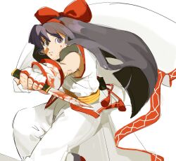 Rule 34 | 1girl, absurdres, ainu clothes, black hair, blood, blood on clothes, blood on face, breasts, clenched hand, fighting stance, fingerless gloves, gloves, grey eyes, hair ribbon, highres, legs, long hair, looking at viewer, nakoruru, pants, ribbon, samurai spirits, small breasts, snk, solo, the king of fighters, thighs, very long hair, weapon