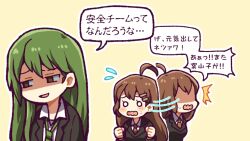 Rule 34 | 1boy, 1girl, ^^^, ahoge, black jacket, brown hair, brown necktie, collared shirt, commentary request, flying sweatdrops, green hair, green necktie, hair ornament, hairclip, hatake shimeji, hod (project moon), jacket, lobotomy corporation, long hair, necktie, netzach (project moon), o o, open clothes, open collar, open jacket, open mouth, project moon, shaded face, shirt, smile, sweat, translation request, white shirt, yellow background