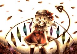 Rule 34 | 1girl, ascot, black thighhighs, blonde hair, blouse, collared shirt, female focus, flandre scarlet, hair between eyes, hat, highres, mob cap, namakuby, red eyes, shirt, side ponytail, solo, thighhighs, touhou, white shirt, wings