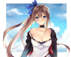 Rule 34 | 1girl, ahoge, black bra, black jacket, blonde hair, blue bow, blue eyes, blue ribbon, blue sky, blush, bow, bra, breasts, choker, cleavage, cloud, collarbone, day, dress, fal (girls&#039; frontline), girls&#039; frontline, hair between eyes, jacket, large breasts, lingerie, long hair, looking at viewer, off shoulder, open mouth, outside border, ribbon, ry thae, side ponytail, sidelocks, sky, solo, standing, strap, tearing up, underwear, upper body, very long hair