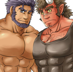Rule 34 | 2boys, abs, bara, bare pectorals, beard, black tank top, body hair, chest hair, collarbone, colored sclera, colored skin, covered abs, dark-skinned male, dark skin, ded (housamo), facial hair, forked eyebrows, horns, large pectorals, long sideburns, male focus, monster boy, multiple boys, muscular, nipples, no nipples, nude, one eye closed, oni, oni horns, orgus (f-kare), orgus (f-kare), pectoral docking, pectoral focus, pectoral press, pectorals, purple hair, red oni, red oni (housamo), red skin, scar, scar on face, scar on nose, short hair, shoukan yuusha to f-kei kareshi, sideburns, smile, stubble, sunfight0201, tank top, thick eyebrows, tokyo houkago summoners, upper body, yellow sclera