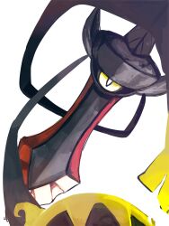 Rule 34 | aegislash, alternate color, bright pupils, commentary request, creatures (company), game freak, gen 6 pokemon, highres, intminevoid, looking at viewer, nintendo, no humans, one-eyed, pokemon, pokemon (creature), shiny pokemon, simple background, sword, weapon, white background, white pupils, yellow eyes