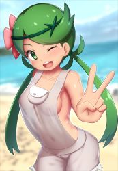 Rule 34 | 1girl, :d, arisu kazumi, beach, blurry, blurry background, breasts, breasts apart, cloud, creatures (company), cutoffs, female focus, flower, game freak, green hair, hair flower, hair ornament, happy, long hair, mallow (pokemon), navel, nintendo, nipples, no bra, no panties, one eye closed, open mouth, outdoors, overall shorts, overalls, pokemon, pokemon sm, see-through, sideboob, sky, small breasts, smile, solo, v, wink