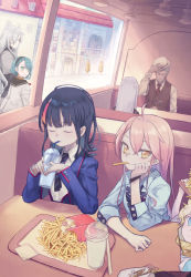 Rule 34 | 3boys, 5girls, absurdres, ahoge, beard, black hair, blonde hair, bow, cheek rest, cup, daisi gi, diner, disposable cup, drinking, drinking straw, closed eyes, facial hair, facial scar, fate/requiem, fate (series), fedora, food, food in mouth, french fries, galahad alter, green hair, grey hair, hairband, hat, highres, karin (fate), kijo kouyou (fate), koharu f riedenflaus, lucius longinus (fate), manazuru chitose, multiple boys, multiple girls, necktie, pink hair, scar, scar on cheek, scar on face, scarf, school uniform, tray, utsumi erice, vest, voyager (fate)