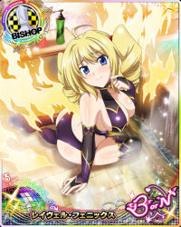 Rule 34 | 1girl, ahoge, ass, bare shoulders, bikini, bishop (chess), black legwear, blonde hair, blue eyes, blush, breasts, card (medium), character name, chess piece, cleavage, high school dxd, high school dxd born, large breasts, long hair, looking at viewer, official art, panties, ravel phenex, sitting, smile, solo, swimsuit, trading card, twintails, underwear