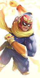 Rule 34 | 1boy, belt, boots, captain falcon, clenched hands, commentary request, f-zero, gloves, gonzarez, helmet, highres, incoming attack, incoming punch, jumpsuit, male focus, nintendo, open mouth, punching, scarf, solo, yellow gloves, yellow scarf