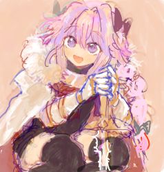 Rule 34 | 1boy, :d, abstract, astolfo (fate), bad drawr id, bad id, black bow, black shirt, black skirt, black thighhighs, bow, braid, cloak, dot nose, drawr, fate/apocrypha, fate (series), gauntlets, gnsi, gold trim, gorget, hair bow, hair intakes, hands up, long hair, male focus, oekaki, open mouth, pencil skirt, pink background, pink hair, purple eyes, raised eyebrows, shirt, single braid, sketch, skirt, smile, solo, squatting, thighhighs, trap